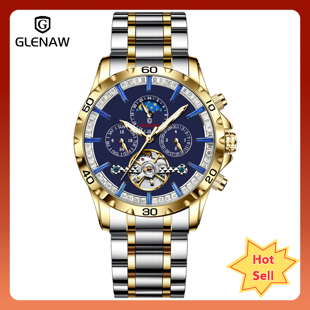 GLENAW Men's Automatic Tourbillon Waterproof Mechanical Watch with Luminous Hand