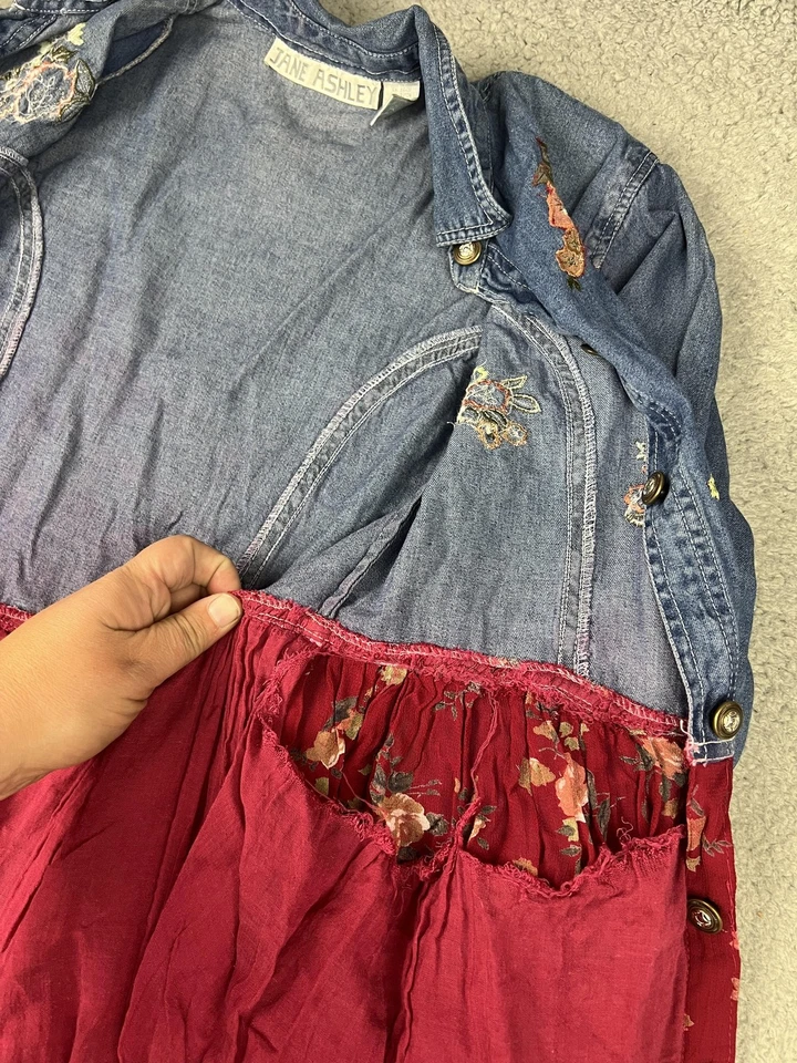 Jane Ashley Dress Womens Large Denim Button Front Red Floral Maxi Embroidered - Image 4 of 4
