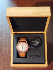 Shinola Canfield Model C56 43mm watch with a bourbon harness leather strap