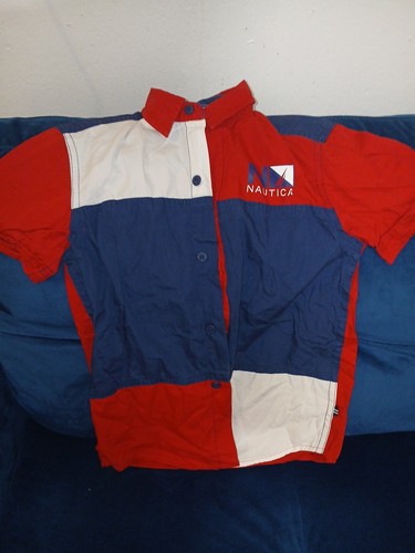 Nautica Kids Boys Short Blue White Red Sleeze Button Up Shirt Size 7x - Picture 3 of 8