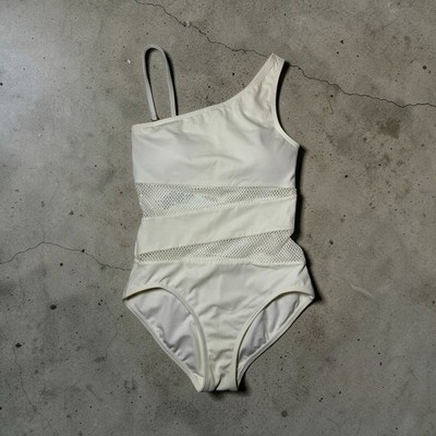Carmen Marc Valvo White Mesh Panel One Shoulder One Piece Swimsuit 6  $102