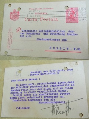 Luftfahrt -- Deutsche PK BUKAREST 1910, F.W. Kraft über Flieger Fernand DELETANG