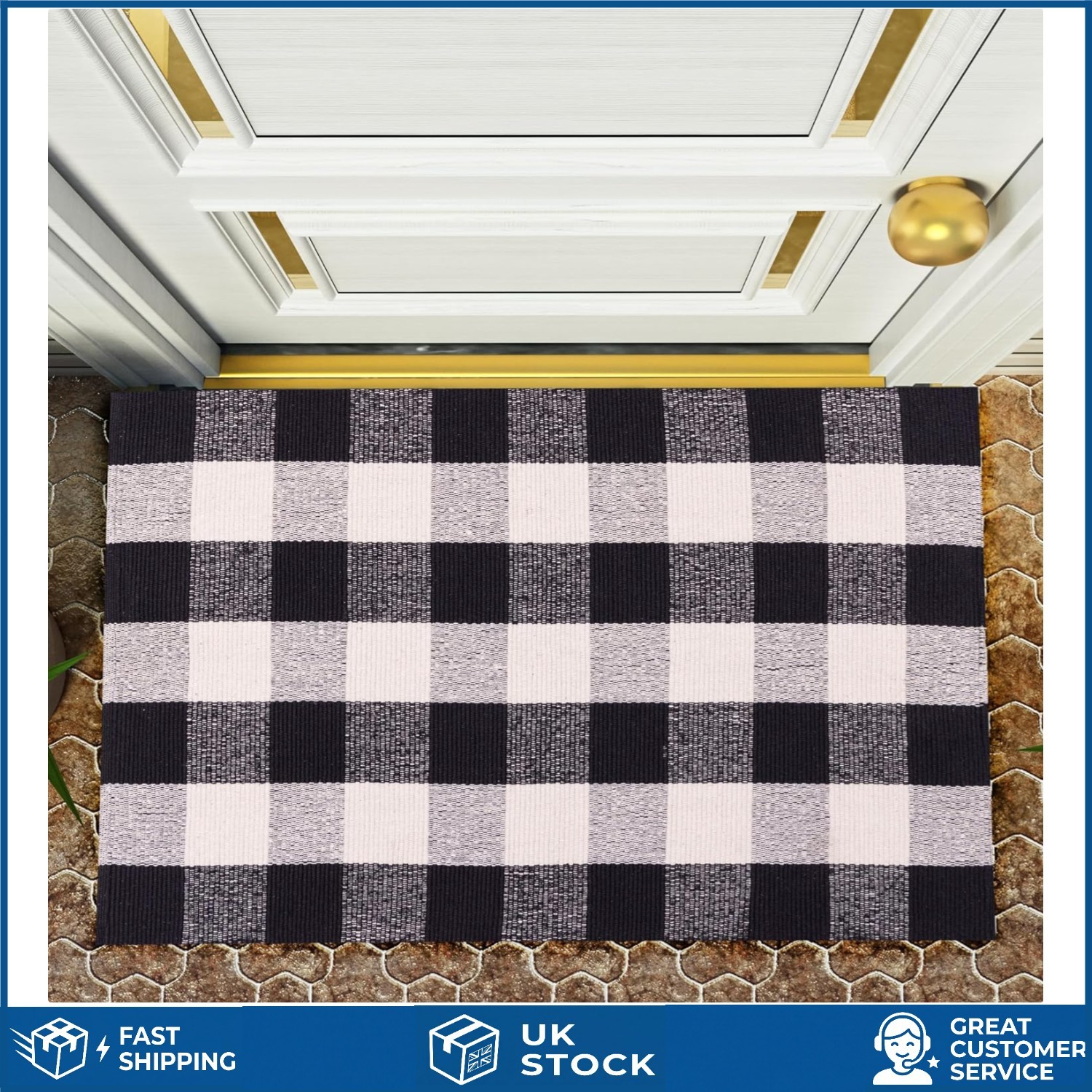 Handwoven Checkered Cotton Area Rug Washable Farmhouse Mat 70x109cm