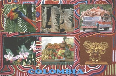 Kolumbien Collage Postkarte Papagayo San Agustin Orchideen Gold Museum Früchte LKW