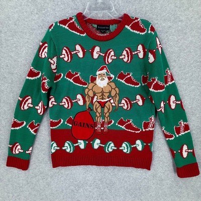 Blizzard Bay Mens Medium Ugly Christmas Green Sweater Santa Lifting Dumbbells