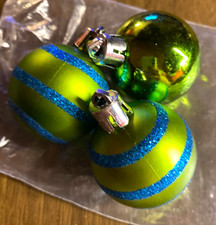 3 Green w Blue Glitter Ball Shatterproof Christmas Ornaments 1 1/2"
