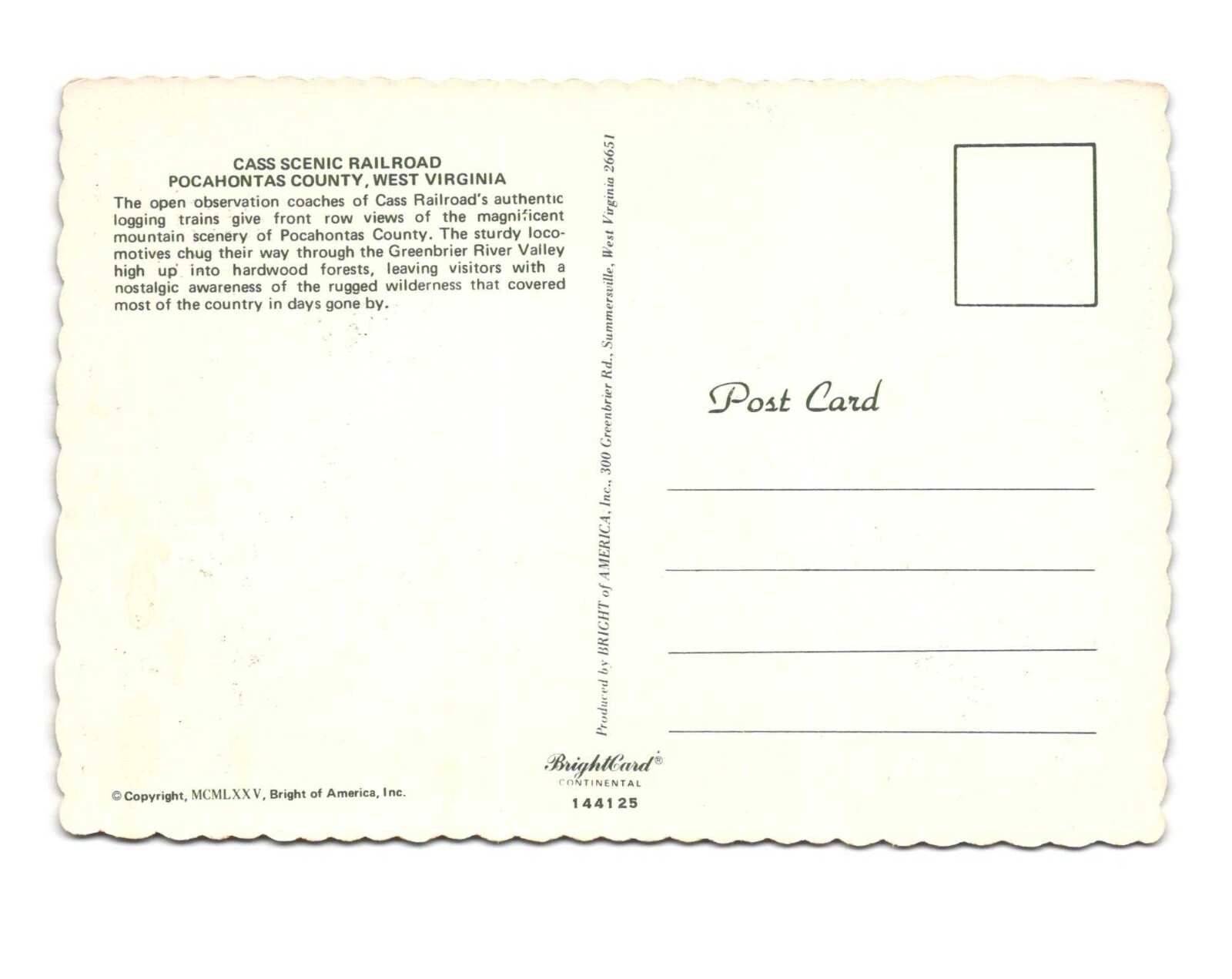 Cass Scenic Railroad Pocahontas County, West Virginia VTG Postcard