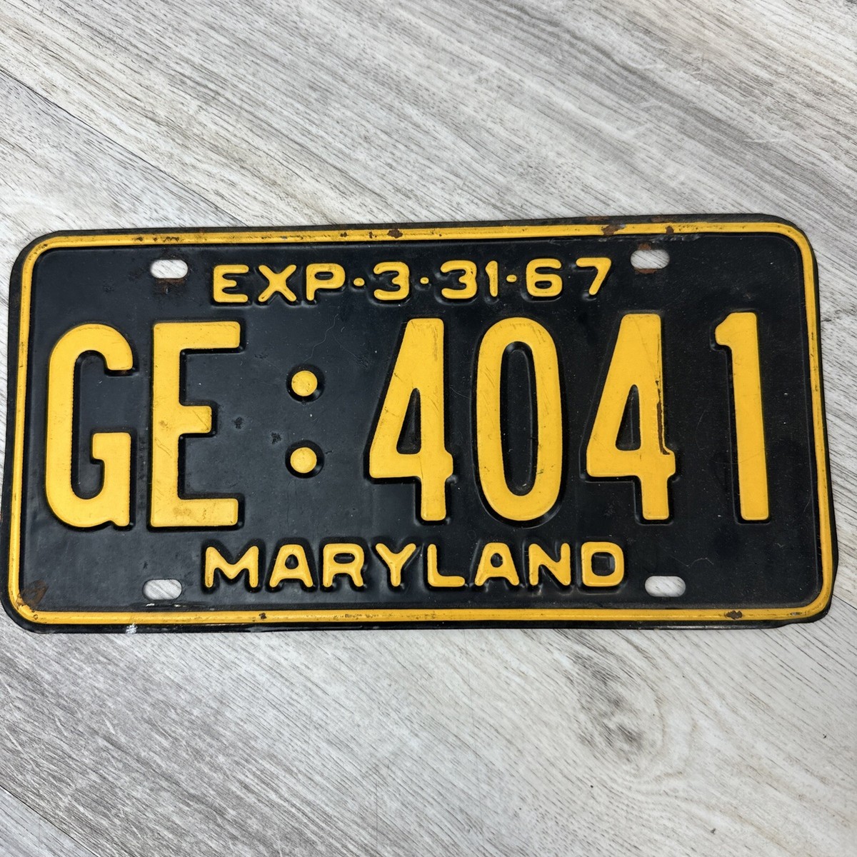Vintage 1967 MARYLAND License Plate Tag #GE: 4041 Black w/ Yellow
