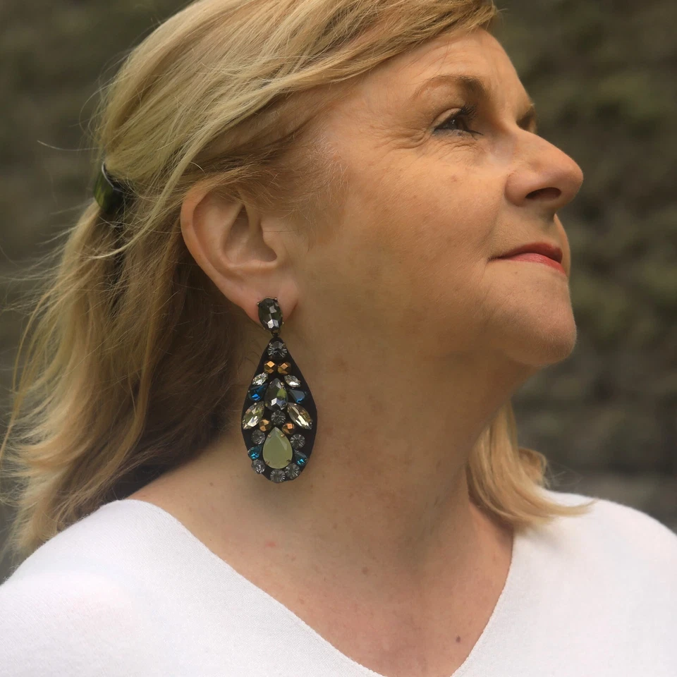 Ohrringe Lang Clip On Art Déco Tropf Strass Grau Stoff Blau Marine EH7 - Bild 2 von 4