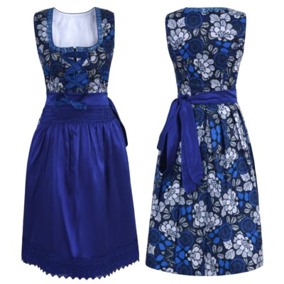 Traditional German Dirndl Dress - Blue & White Floral with Satin Apron |  eBay