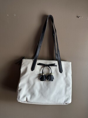 Liz Claiborne V5002 Women's Belinda Cream Black Satchel Purse (J)