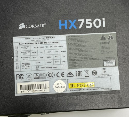 Alimentation modulaire pièce détachée Corsair HX750i 750W - Grand ventilateur - CP-9020072 / 75-010581 - Photo 2/7