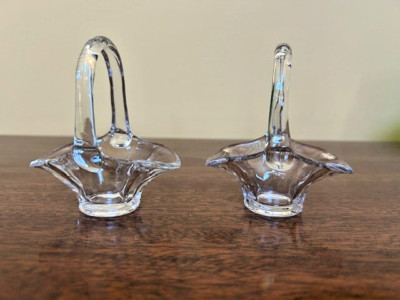 Set of 2 Delicate Clear Glass Handblown Baskets - Scalloped