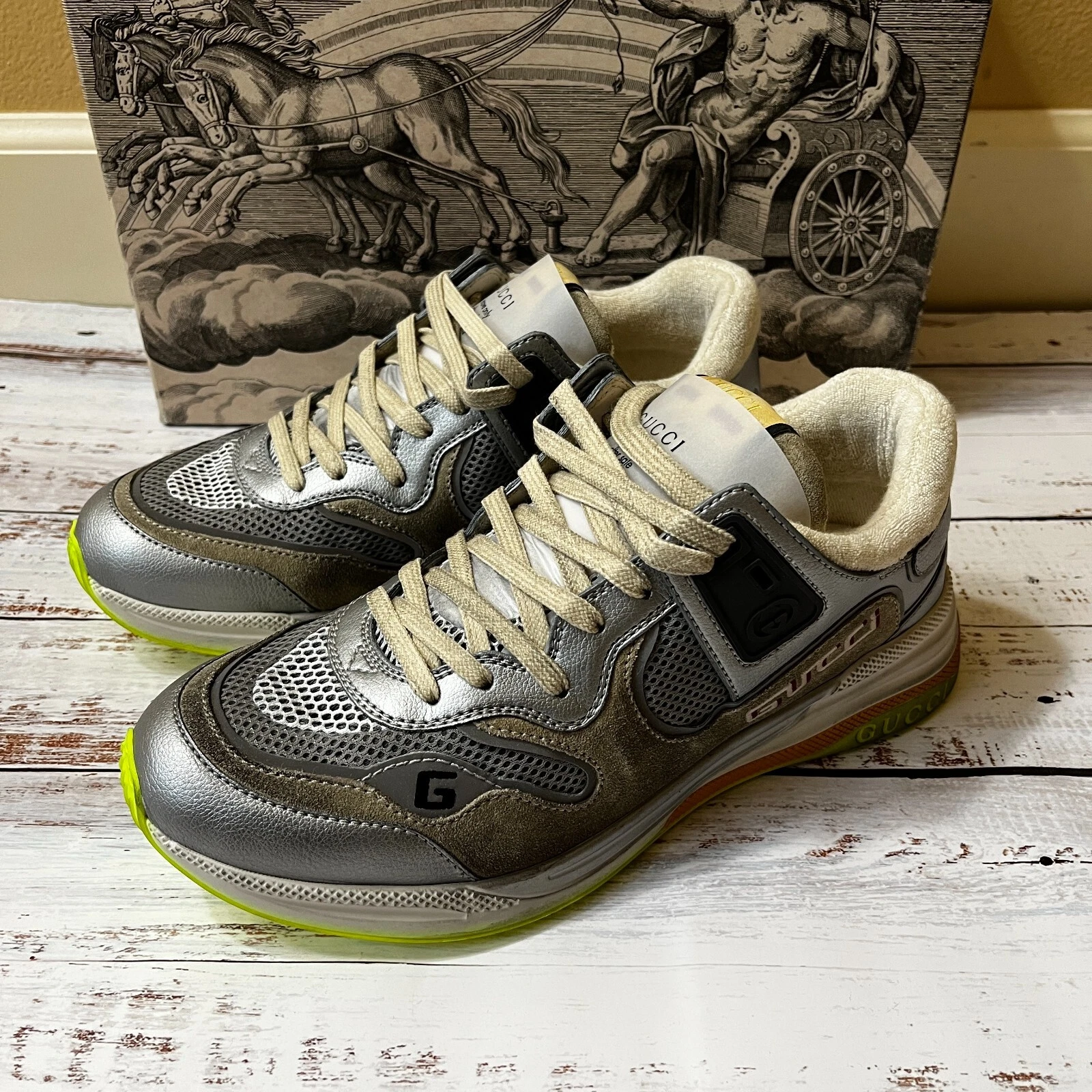 Baskets Gucci Ultrapace chaussures en cuir argent gris pour hommes UK8 (US8,5) neuves avec boîte
