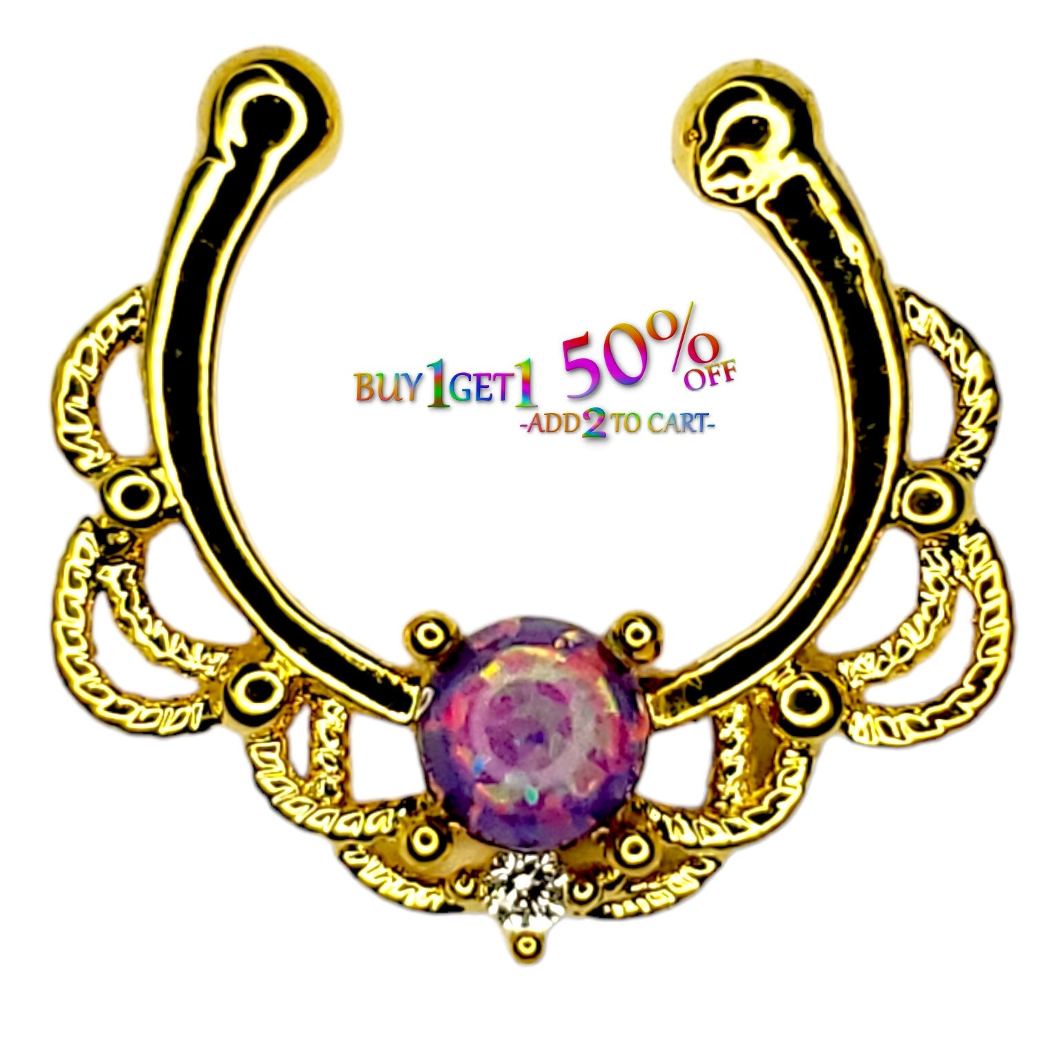 FAUX FAKE SEPTUM CLICKER CZ ClipOn Nose Ring NonPiercing Hanger Hoop