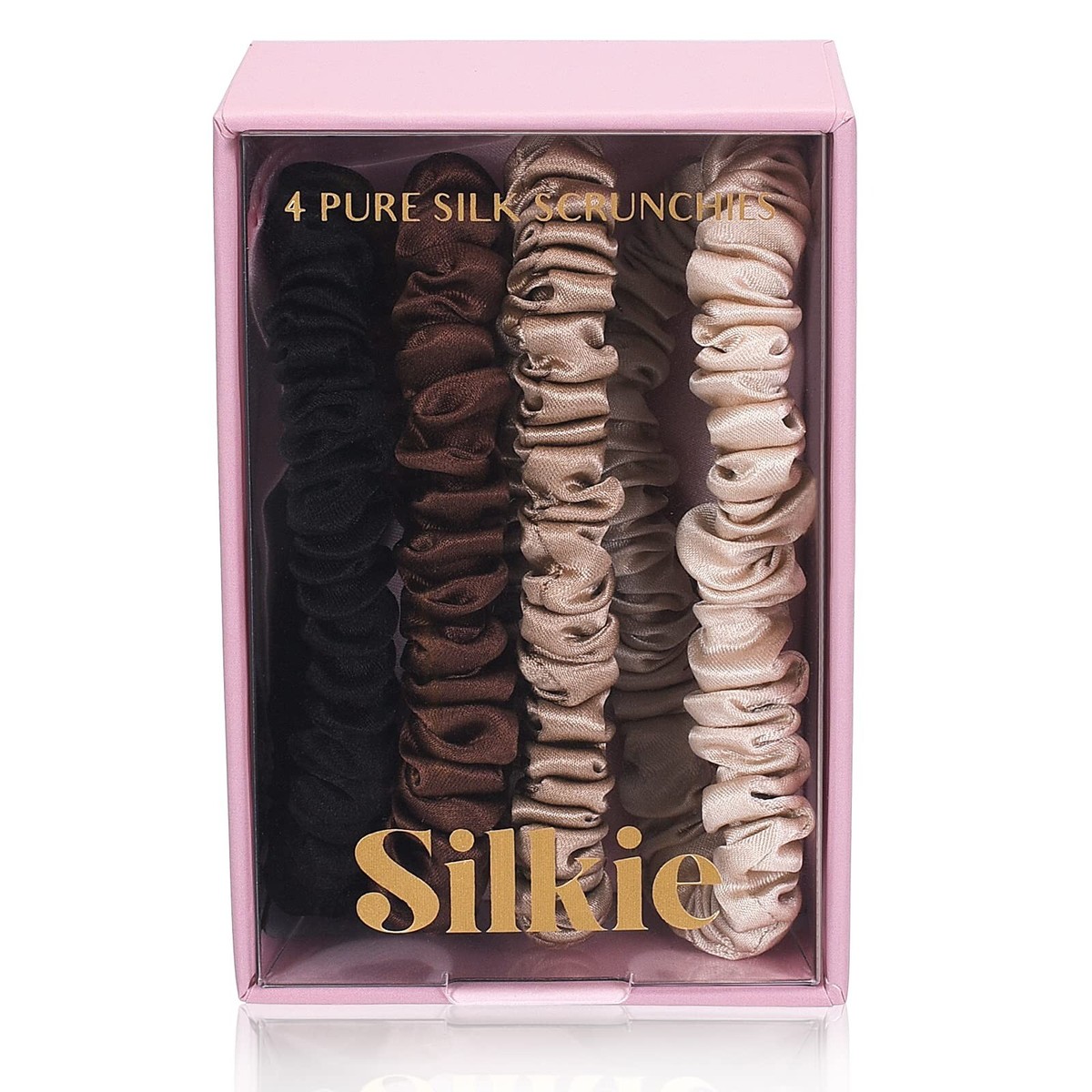 4-Pack Pure Mulberry Silk Skinny Scrunchies with Travel Pouch SILKIE x4 Set 100% Pure Mulberry Silk Black Brown Skinny  main image 3