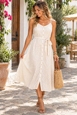 Kensie Ivory Swiss Dot Midi Dress Womens Medium Button Front Belted Sundress