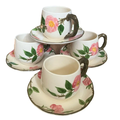 SET 4 Vintage Franciscan Desert Rose Small Mugs Cups & Saucers USA