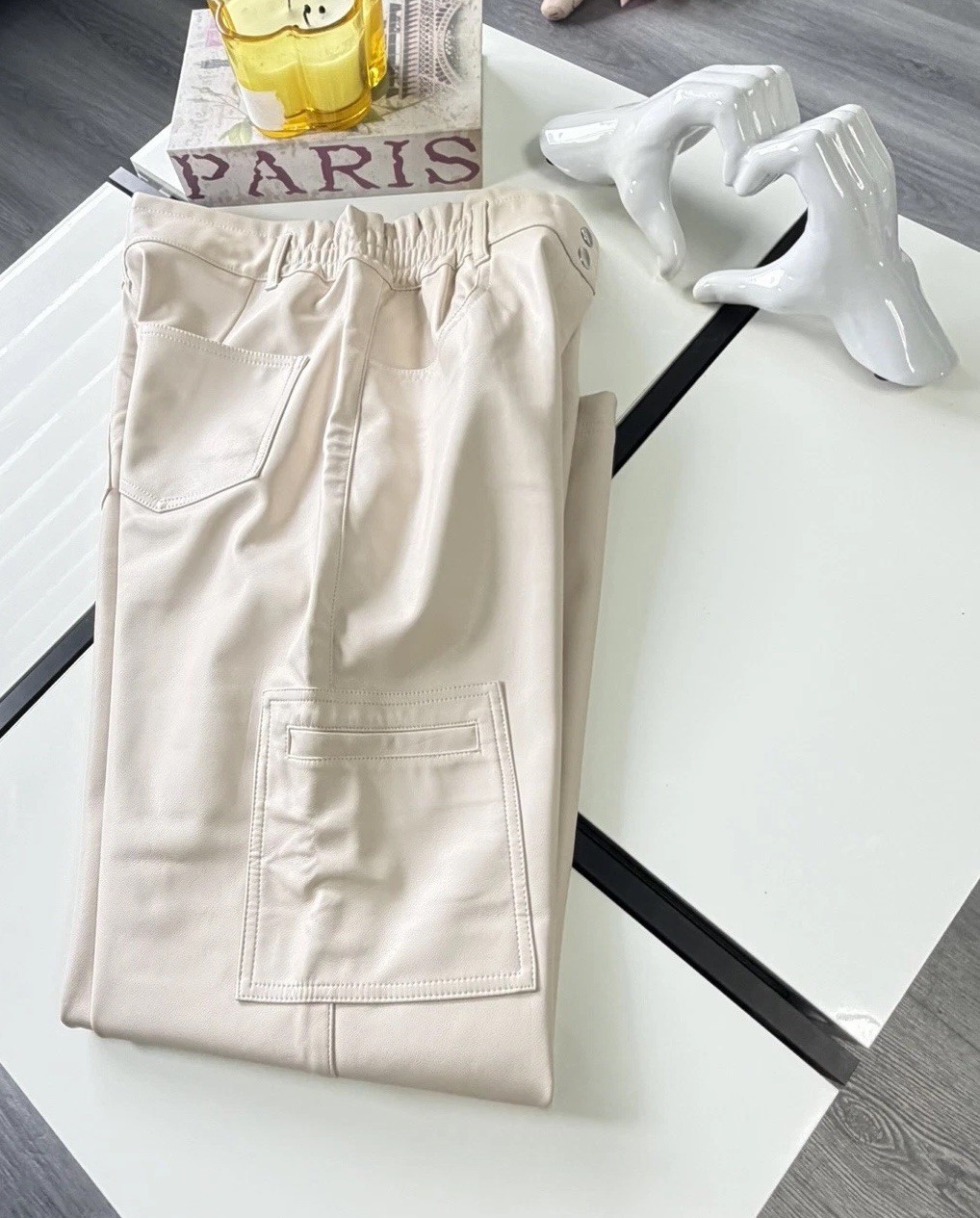 Shinestar Women's Beige Faux Leather Cargo Pants Straight Leg Pockets Size L image 2