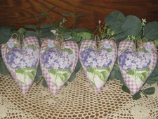 Cottage Decor 4 Purple Check Hearts Appliqued with Hydrangeas Bowl Fillers