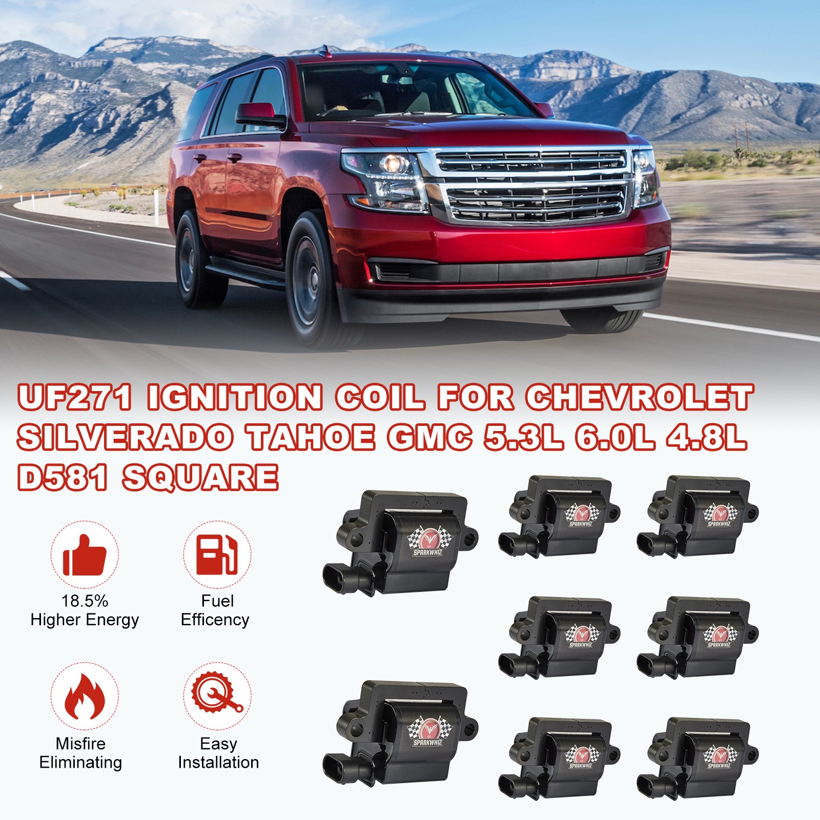 8 Pack For Chevy GMC 4.8L 5.3L 6.0L 8.1L Square Ignition Coil & Spark Plug Wire