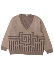 VINTAGE Mens V-Neck Jumper Sweater EU 54 Large Grey Geometric Wool QS15