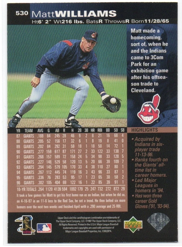 Matt Williams 1997 Upper Deck #530 Traded Cleveland Indians #3 - Image 2 of 2