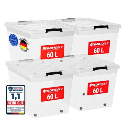 ATHLON TOOLS 4x 60 L Aufbewahrungsboxen mit Deckel lebensmittelecht