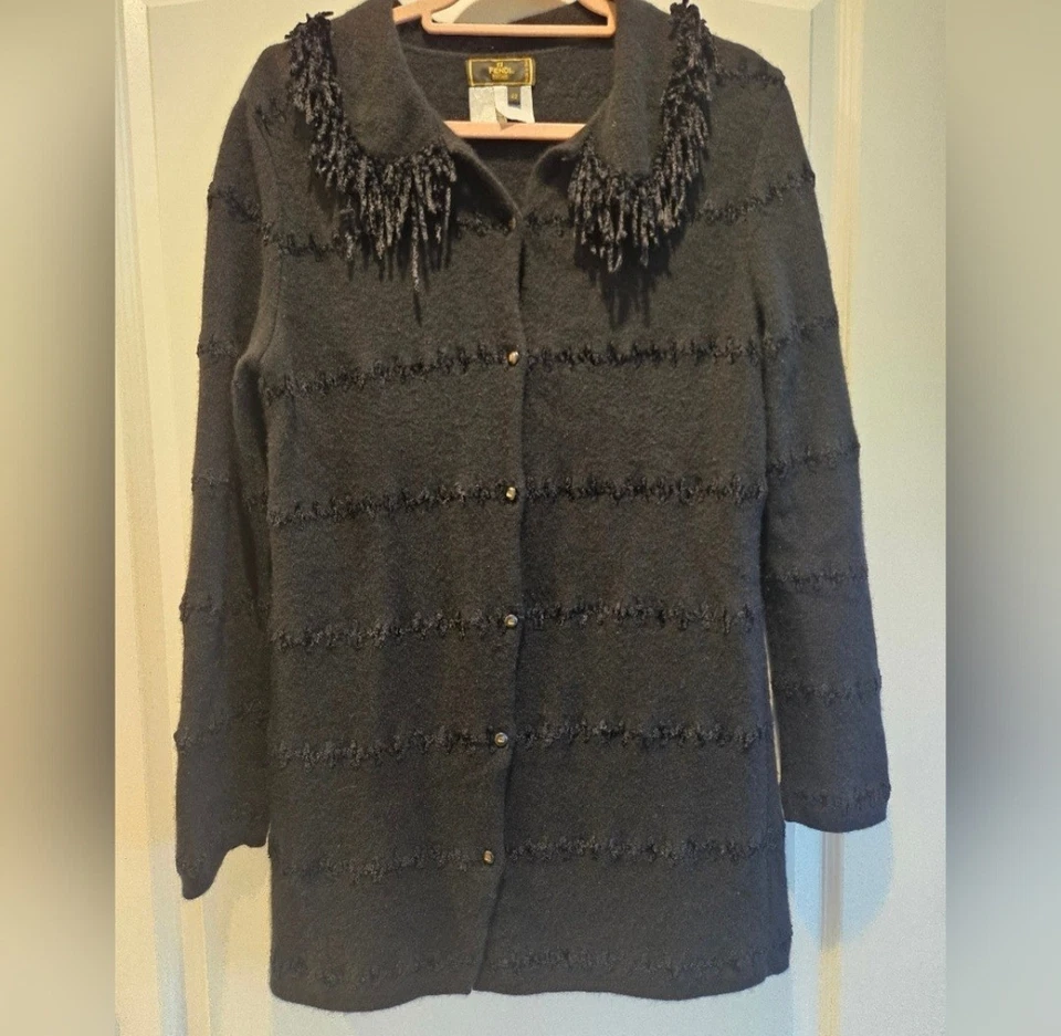 Cárdigan Suéter Vintage Fendi Apliques Cosido Flecos Cuello Negro Para Mujer 42 8 Foto 2 de 4