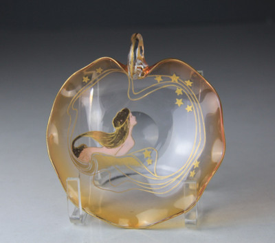 Antique Art Nouveau Moser Nappy Bonbon Dish Decorated w/ Mermaid & Stars Signed!