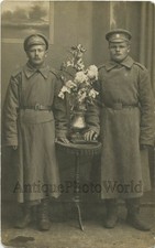 Two young Royal Russian soldiers in overcoat antique WWI photo