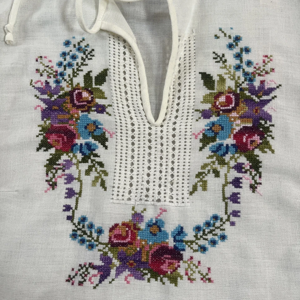 Blusa Campesina Floral Bordada Gasa Años 60 70 Bolsillos Boho De Colección Foto 3 de 4