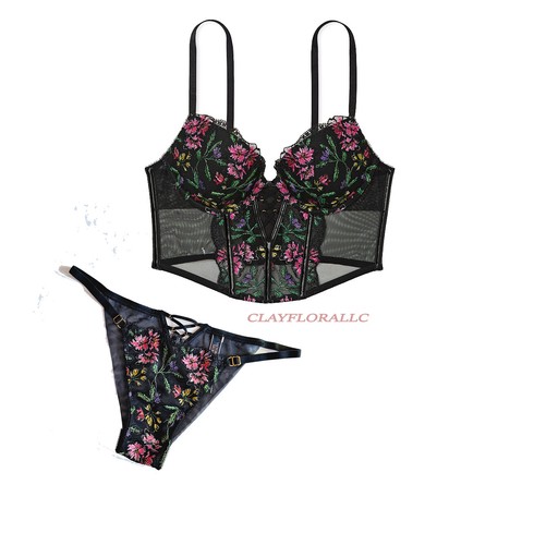 Victoria's Secre Embroidered push up corset embroidery bra set crotchless panty - Picture 24 of 40