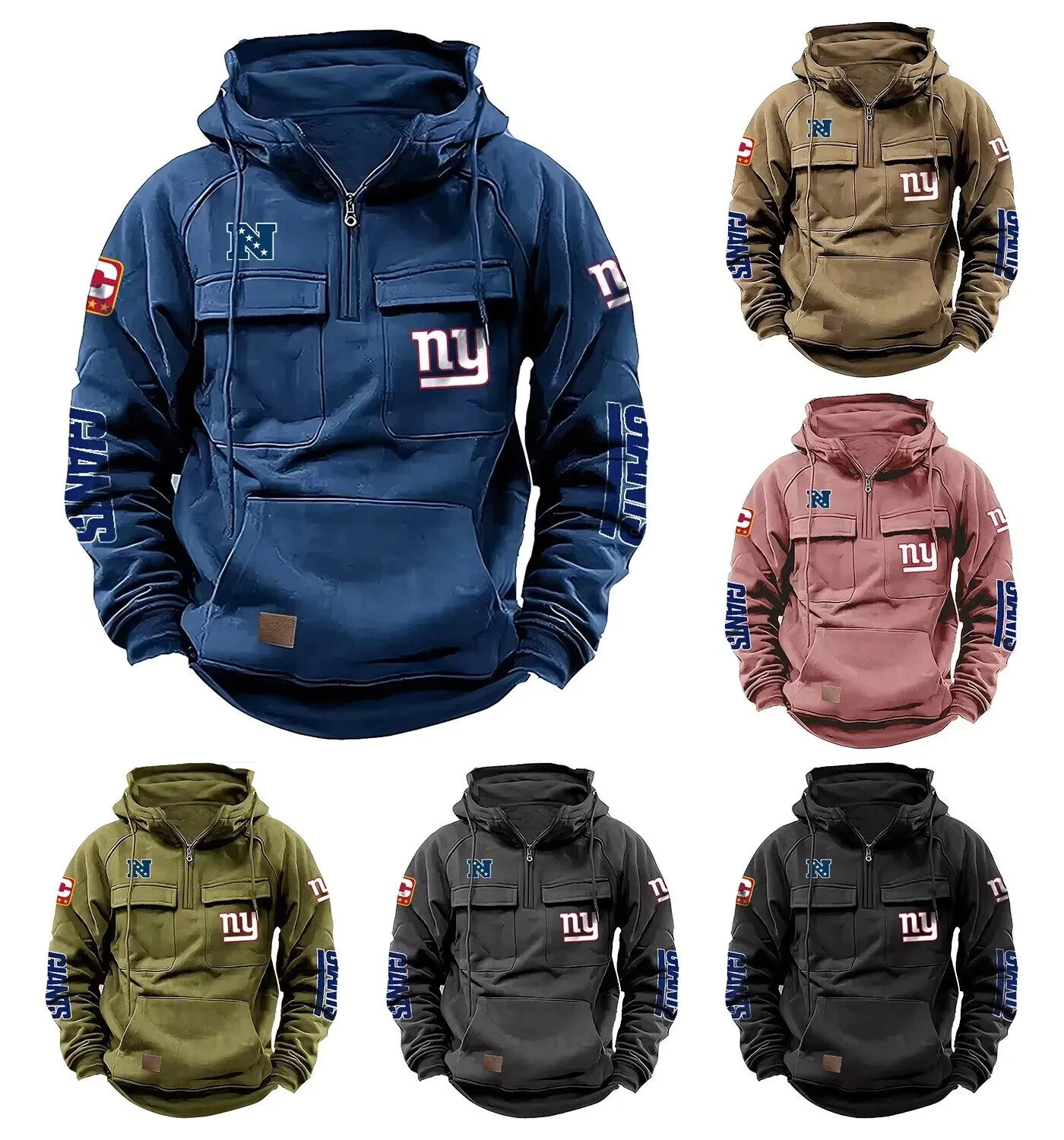 New York Football Team Men's Quarter Zip Cargo Hoodies