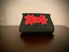 Talbots Clutch Small Black Natural Material With Red Suede Flowers ($109)