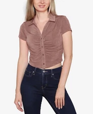 MSRP $24 Just Polly Juniors' Ruched-Front Polo Shirt Metallic Brown Size Large