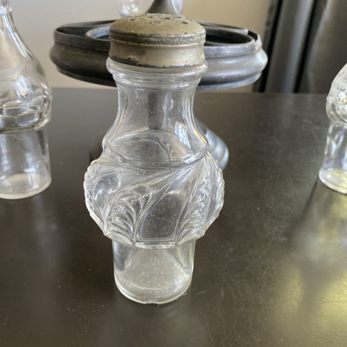Antique Pewter Cruet Set 4 Piece Glass Condiment & Swivel Holder - Picture 10 of 19