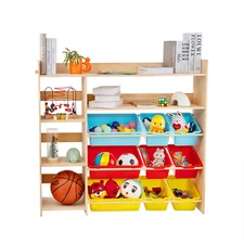 4-Tier Solid Wood Kids Toy Storage Organizer Toy Bookshelf with 9 Plastic Bins