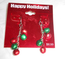 NEW Jingle Bells Holiday Silvertone Red Green Christmas Dangle Earrings