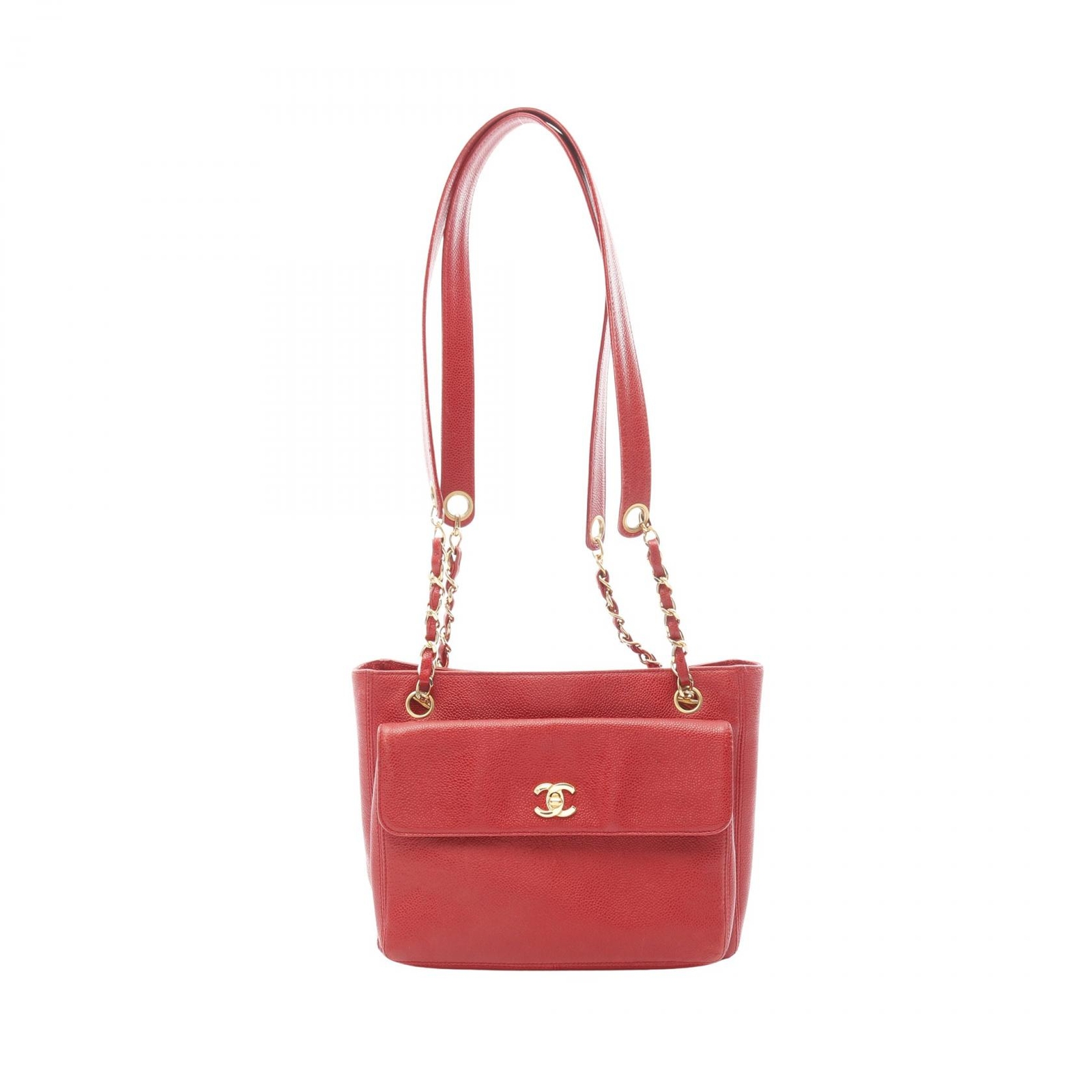 CHANEL COCO Mark Chain Shoulder Tote Bag in Red Calfskin with GHW Preowned CC Logo