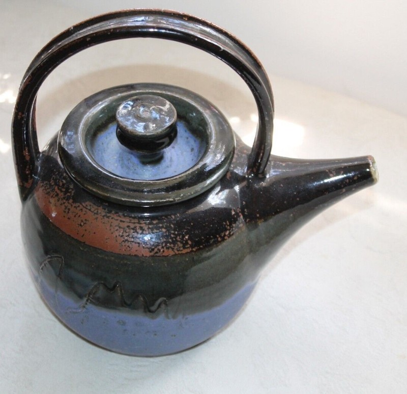 Vtg Stoneware Art Pottery Blue Glazed Teapot Kettle ? signature on side NOS