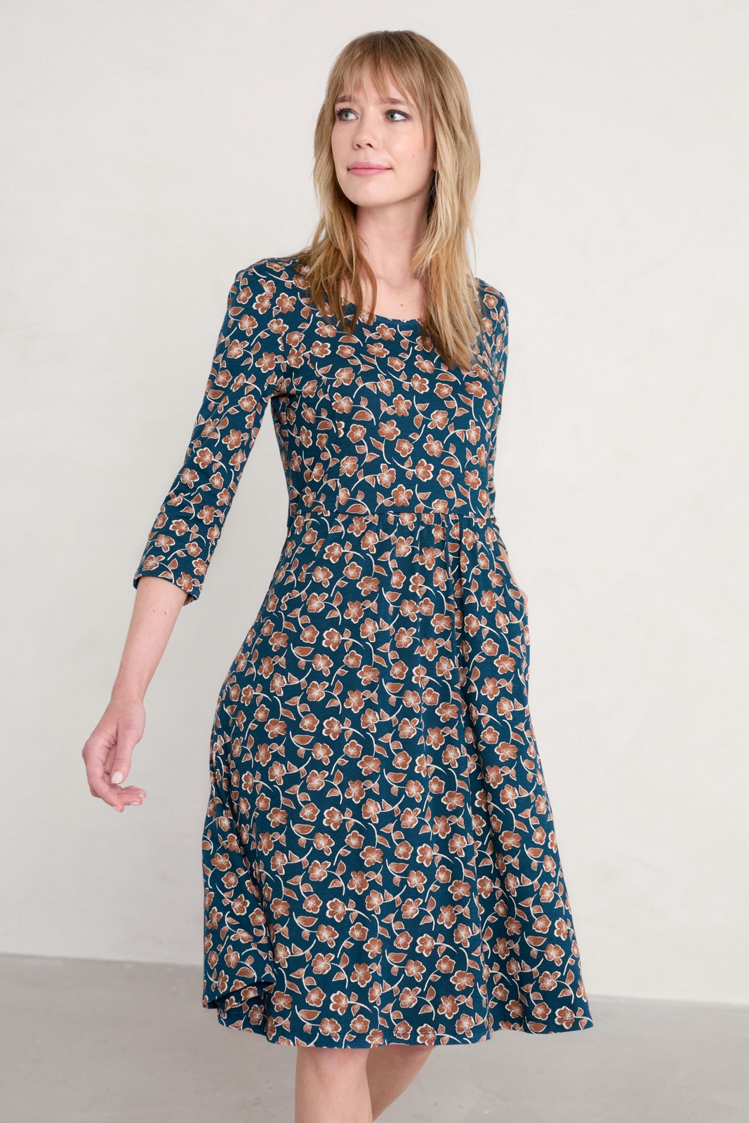 Seasalt Women's teal Enor 3/4 Sleeve Dress (GOTS) Regular Ripple