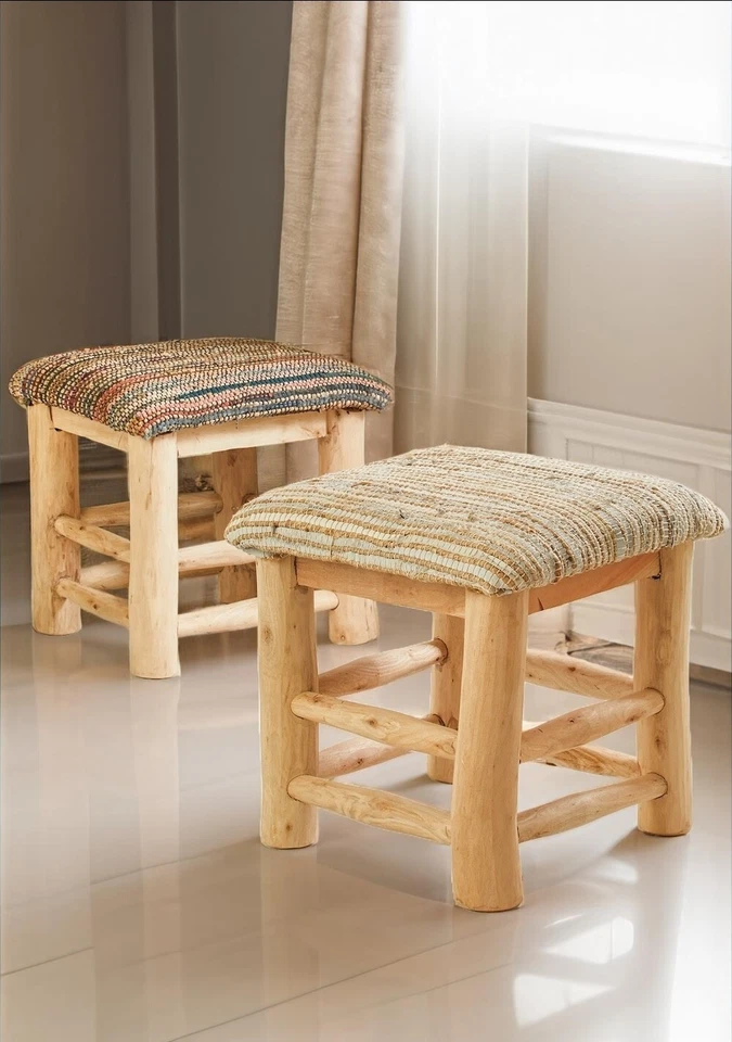 Mango Wood Stool Handmade Solid Hemp Leather Natural Brown Multi Colour Seat - Image 4 of 4