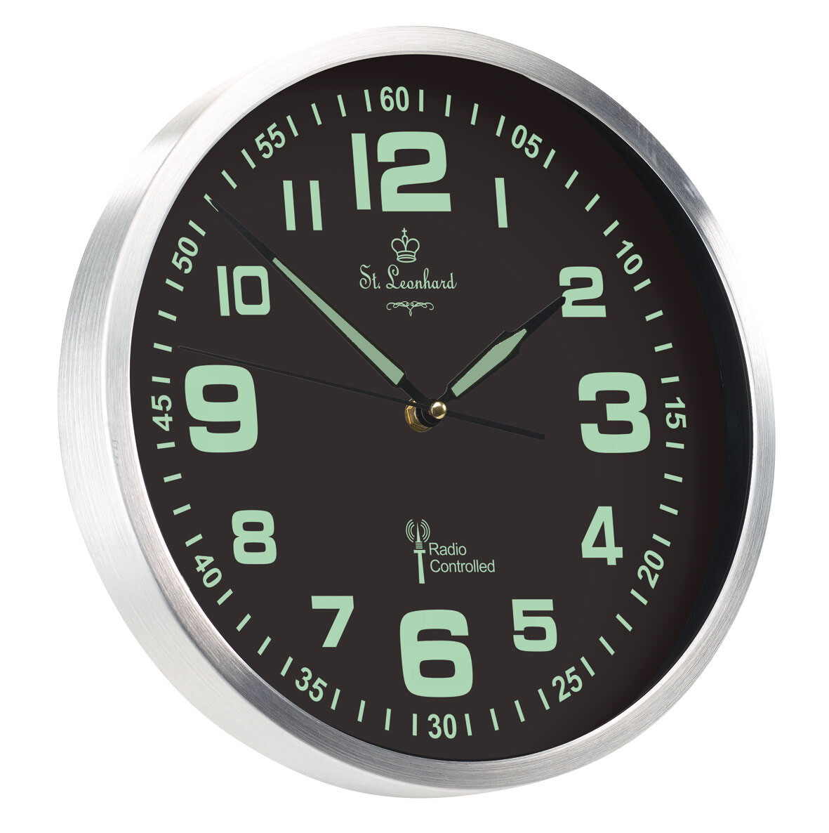 Horloge murale radio-pilotée phosphorescente St. Leonhard à quartz argenté 30 cm