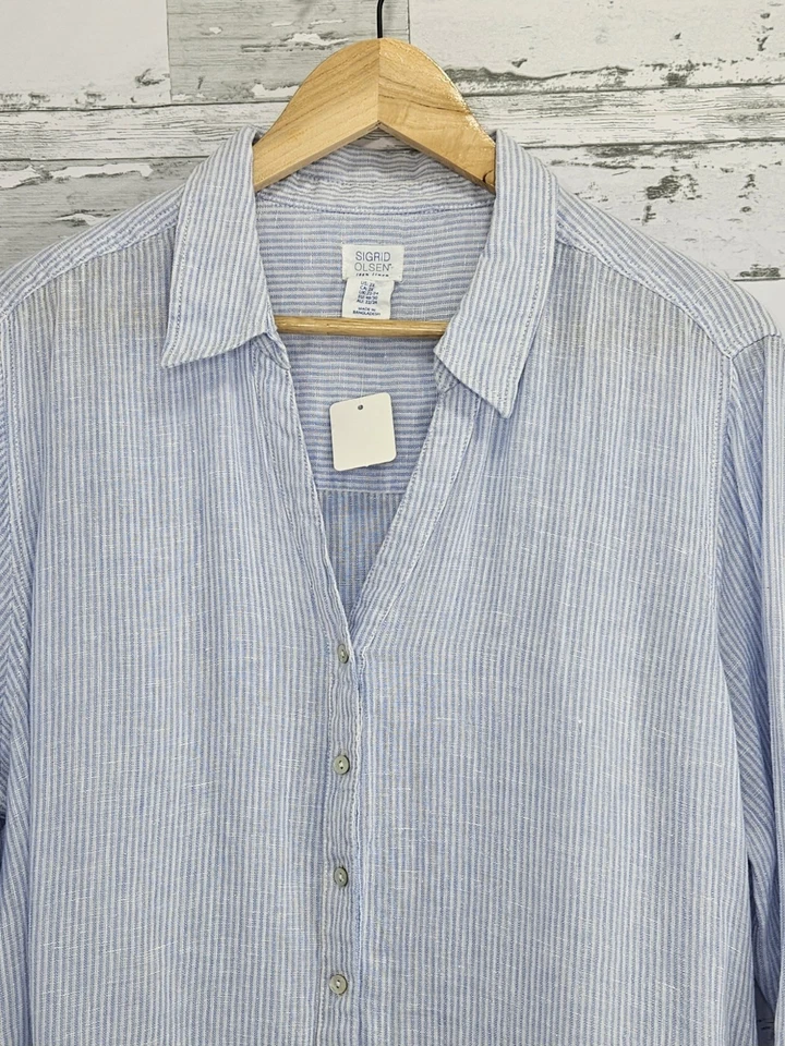 Camisa túnica manga larga Sigrid Olsen para mujer talla 2X 100 % lino a rayas cuello en V Foto 2 de 4