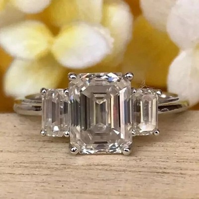 6.50CTW Emerald Cut Moissanite Three Stone Engagement Ring 14K White Gold Plated