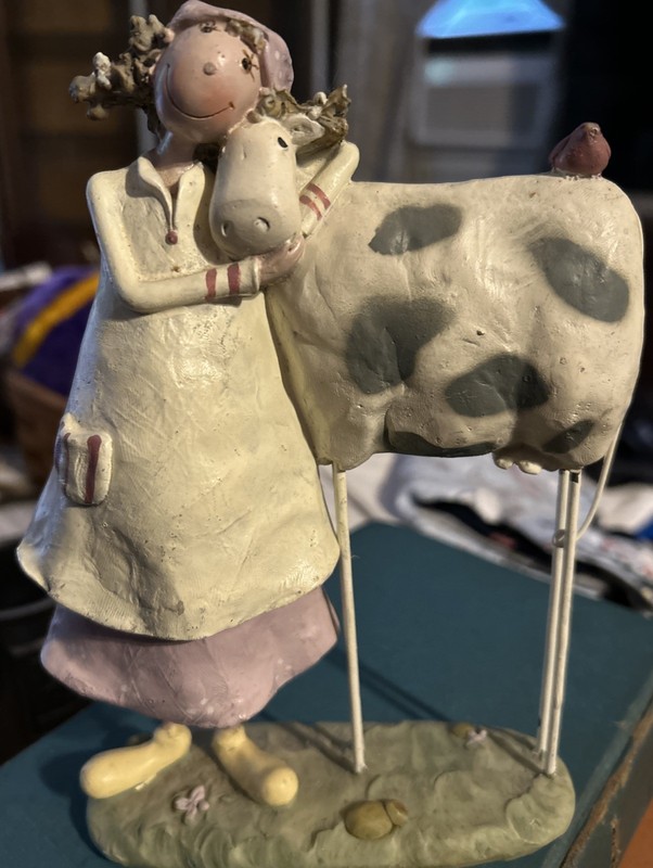 Vintage Folk Art Girl Hugging Cow Figurine Farmhouse Country Decor Resin