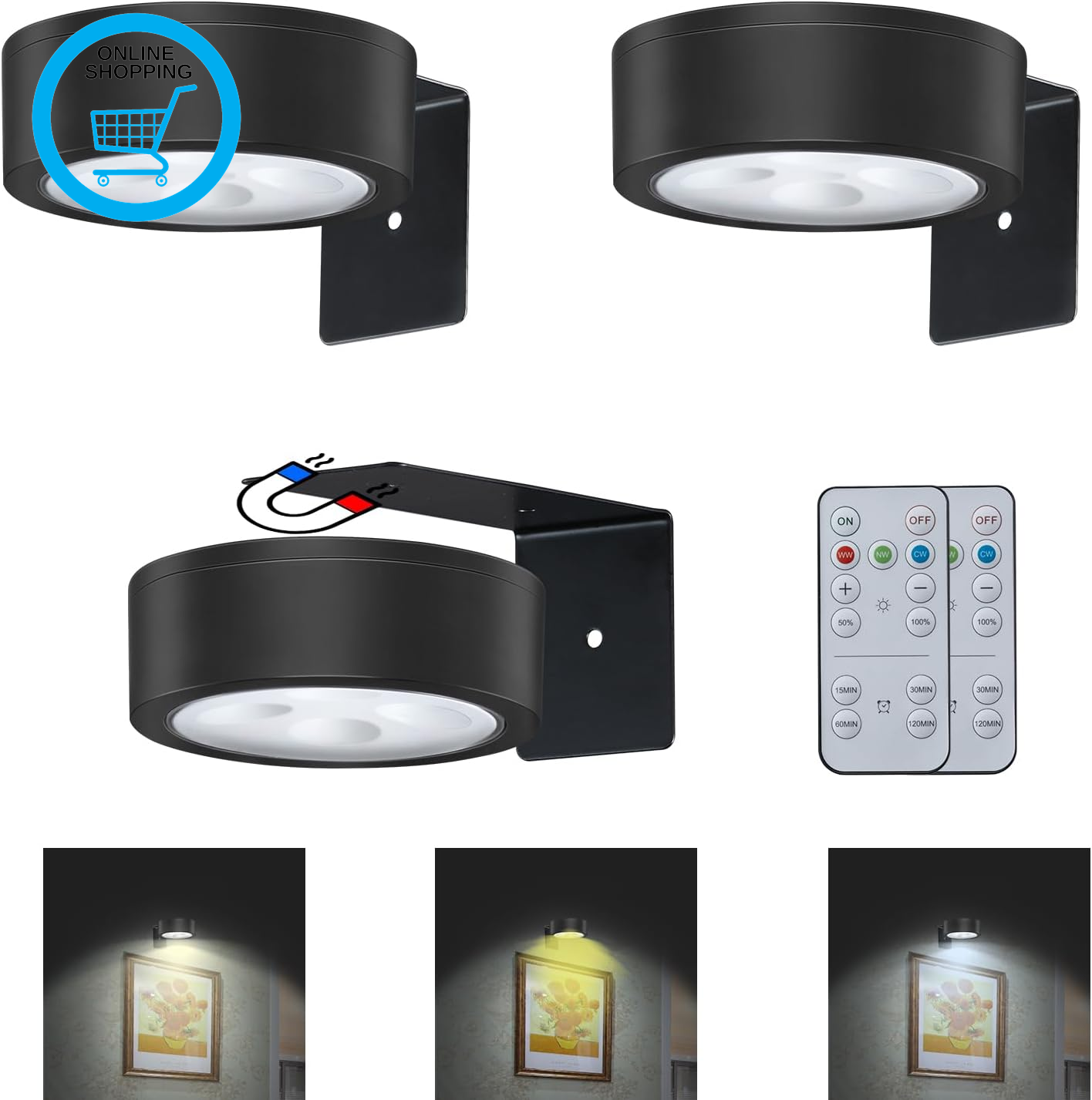 3Pack Battery-Operated Picture Light - Wireless Magnetic Art Display Light with