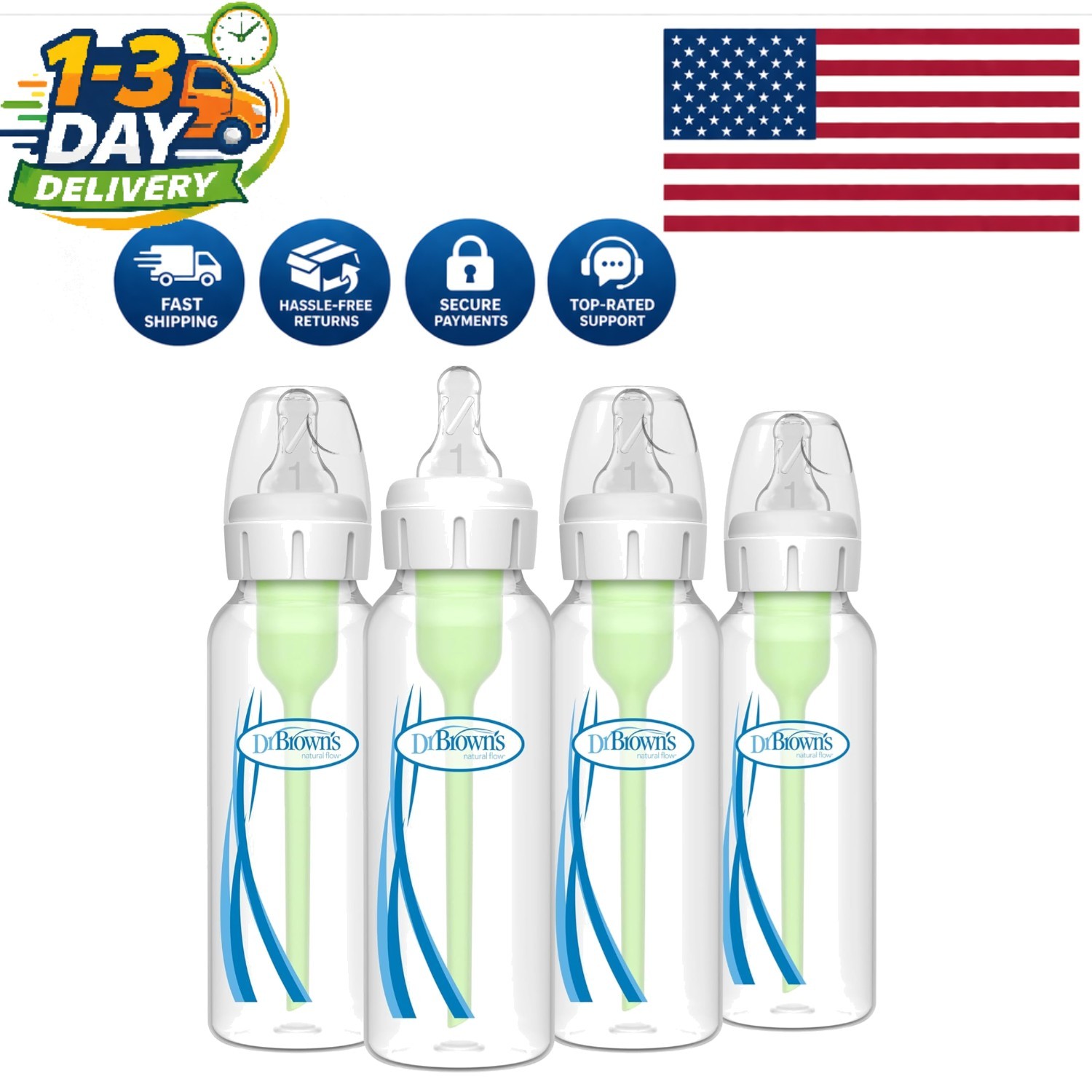 Dr. Brown's Anti-Colic Baby Bottle 8 oz 4-Pack - BPA-Free, S