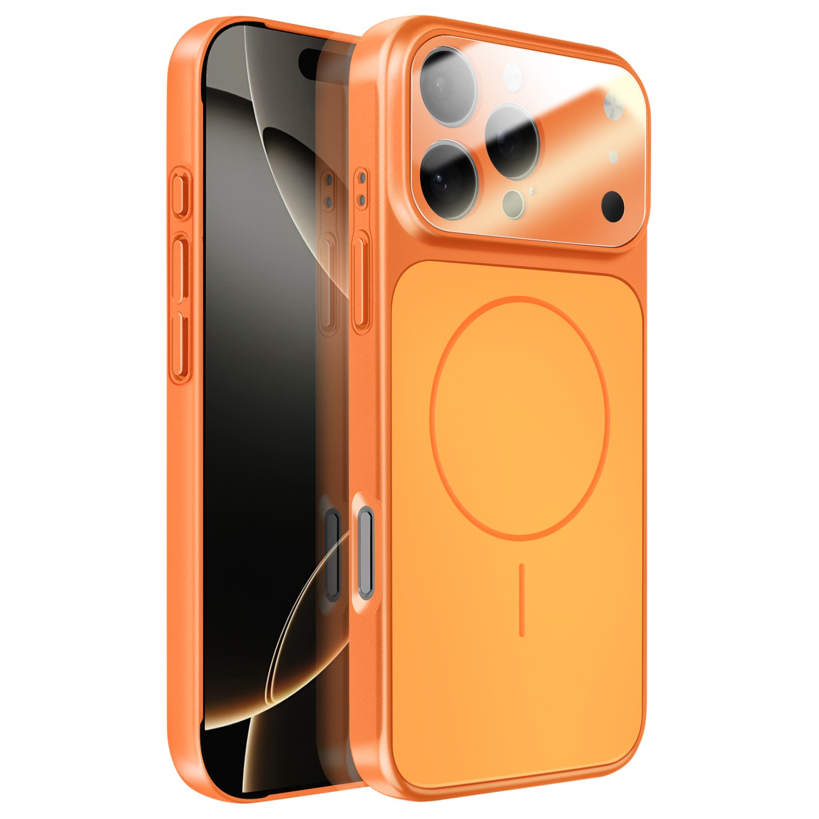 Coque rigide iPhone 16 Pro orange pour la photo urbaine et le quotidien